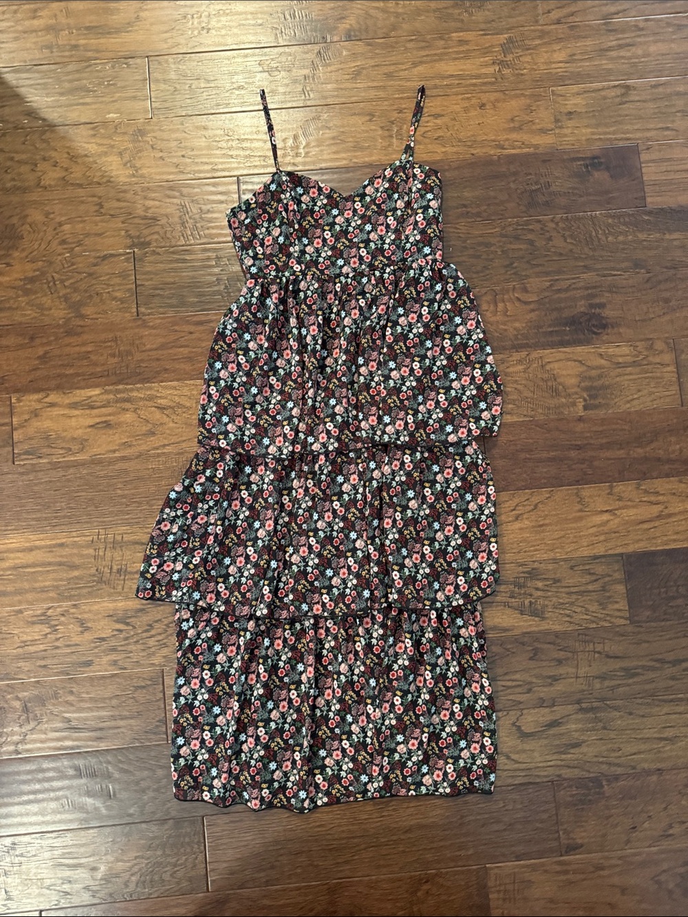 Women’s Black Floral Tiered Sundress with Spaghetti Straps